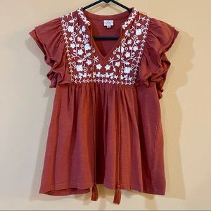 Boho embroidered rust colored top